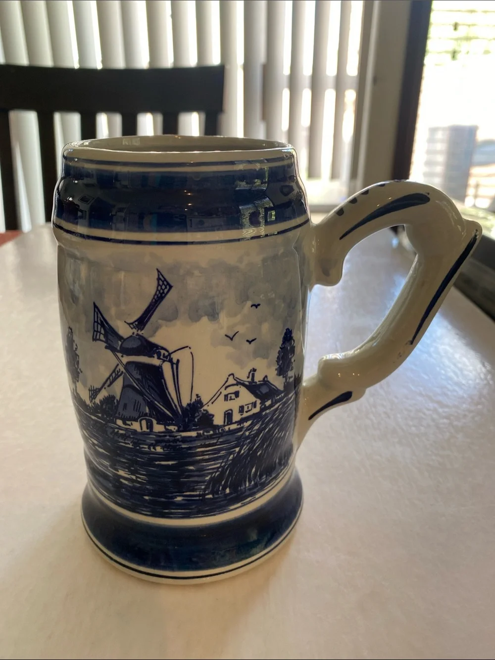 Vintage Delft Blauw Holland Windmill Beer Stein Mug 6.5” Tall Blue White